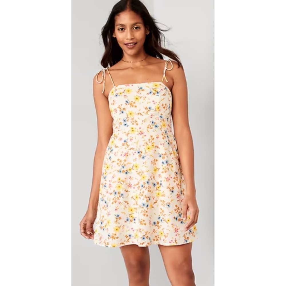 Ivory Linen Blend Floral Sundress Mini/Knee Length Shoulder Ties Smocked-Back L